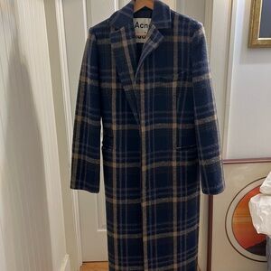 Acne Navy and Beige Plaid Trench Coat